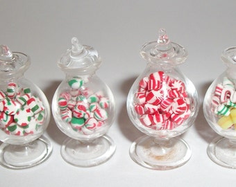 1:12 One Inch Scale Dollhouse Miniature Handcrafted Christmas Peppermint Ribbon Candy Gumball Jar ~ Doll Food Dessert Dish