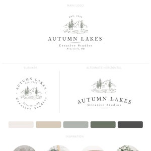 Logo di pino, logo di foresta, logo predefinito di lago, logo di falegnameria, logo di fattoria, design del logo del marchio, logo di filigrana, logo di montagna, logo rustico