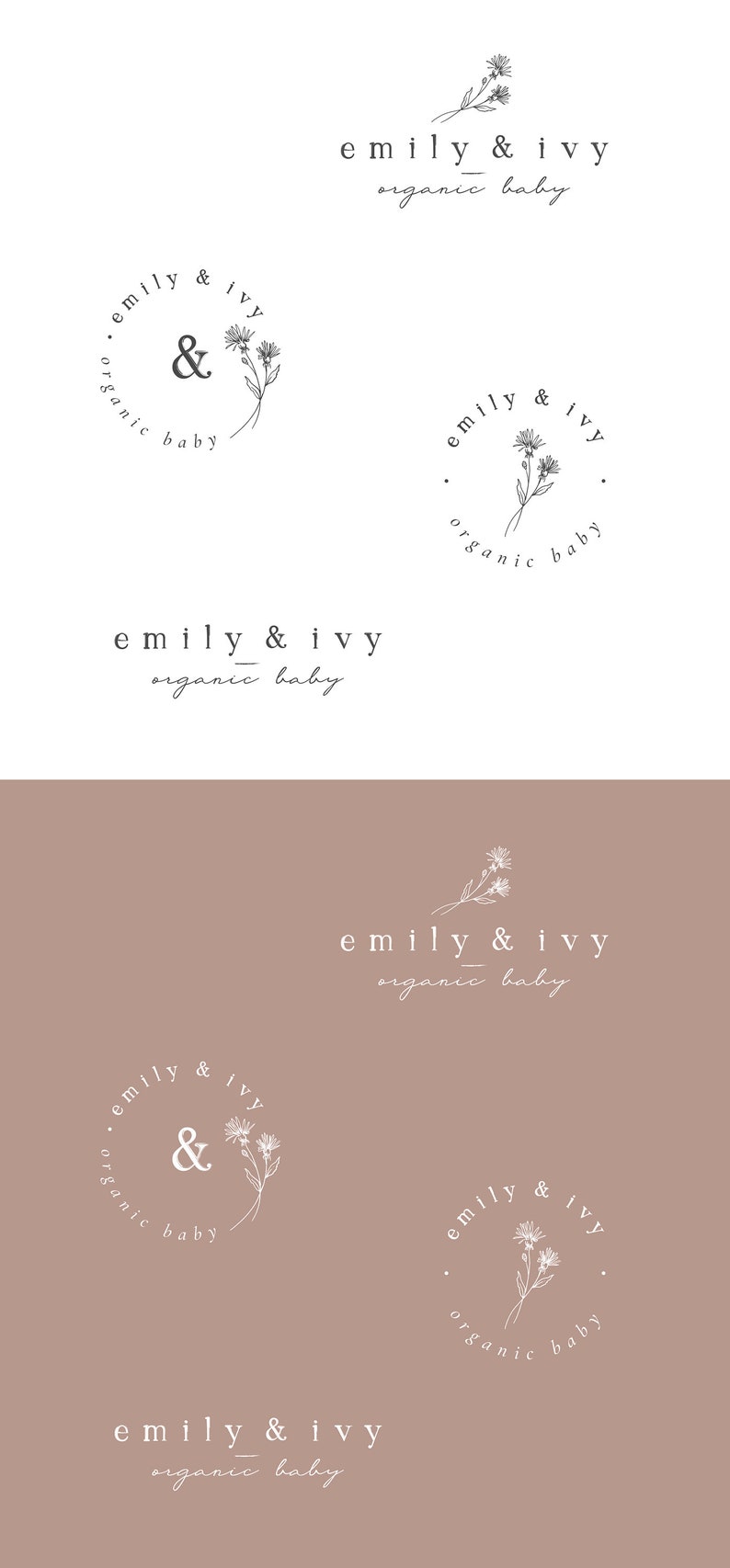 May include: A set of six logo designs for a business called "emily & ivy organic baby". The logos feature a simple floral design with the business name and tagline.