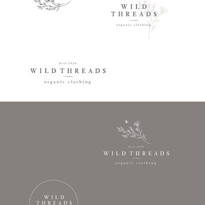 May include: A collection of six different logo designs for a company called "Wild Threads" that specializes in organic clothing. The logos feature a simple, minimalist design with a floral motif and the company name and tagline.