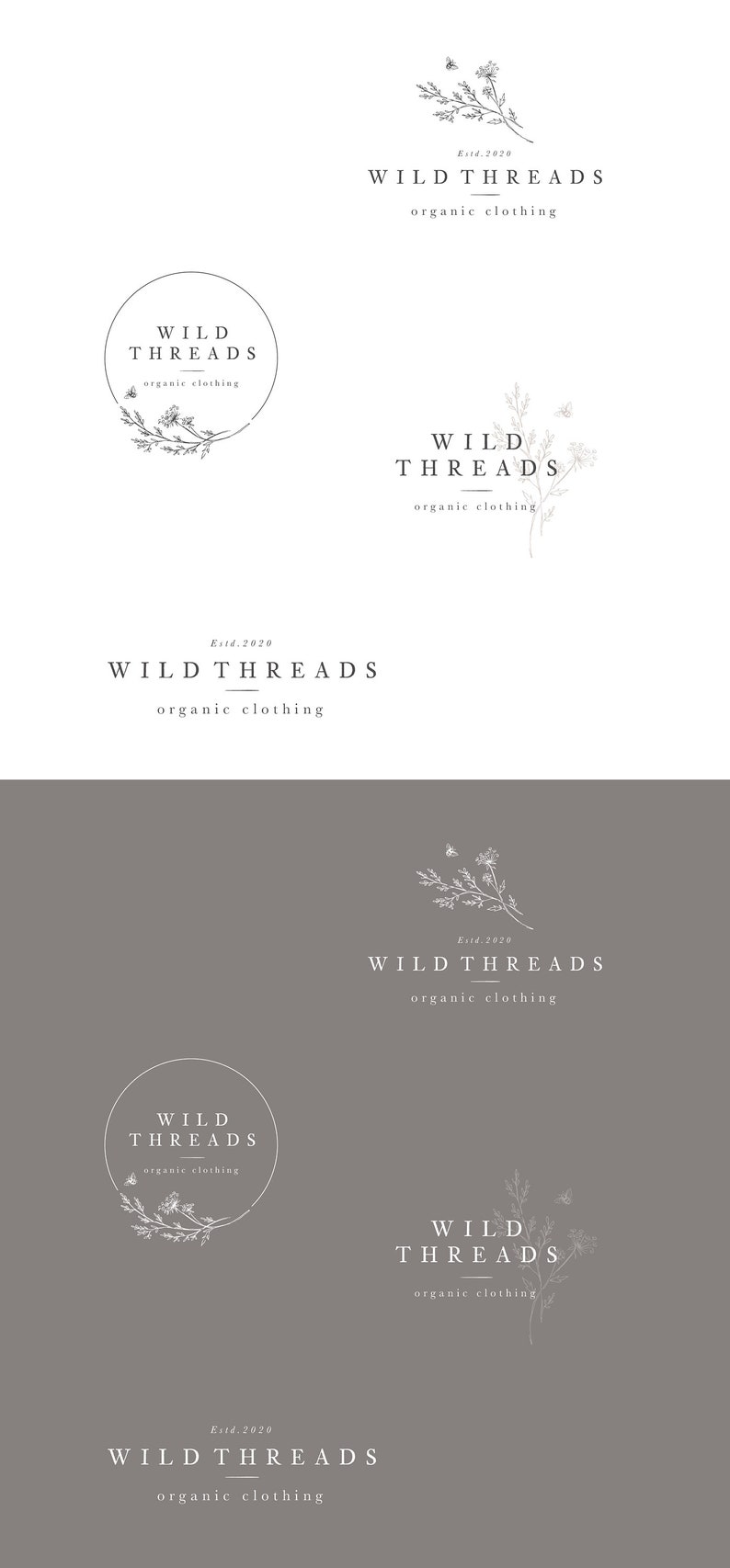 May include: A collection of six different logo designs for a company called "Wild Threads" that specializes in organic clothing. The logos feature a simple, minimalist design with a floral motif and the company name and tagline.