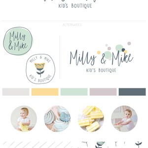 Op de afbeelding: Een logo-ontwerp voor een kinderboetiek genaamd "Milly & Mike". Het logo bevat een gestileerde bloem met gele en groene accenten. De tekst is in een handschrift. Het logo is omgeven door een witte achtergrond.