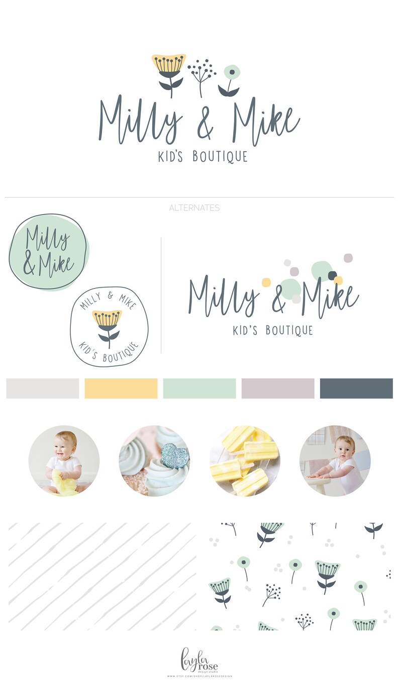 Op de afbeelding: Een logo-ontwerp voor een kinderboetiek genaamd "Milly & Mike". Het logo bevat een gestileerde bloem met gele en groene accenten. De tekst is in een handschrift. Het logo is omgeven door een witte achtergrond.