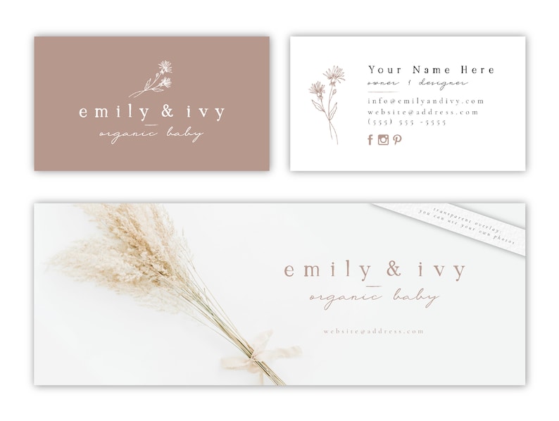 May include: A business card with a light brown background and white text. The text reads "emily & ivy organic baby" and includes a floral illustration. The card also includes contact information for the business, including a website address, email address, and phone number.