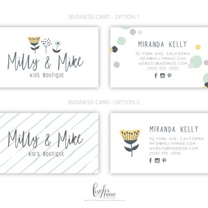 Op de afbeelding: Twee visitekaartjes ontwerpen voor een kinderboetiek genaamd "Milly & Mike". Het eerste ontwerp heeft een eenvoudige bloemenillustratie en het tweede ontwerp heeft een gestreepte achtergrond. Beide ontwerpen bevatten de bedrijfsnaam, contactgegevens en social media-iconen.