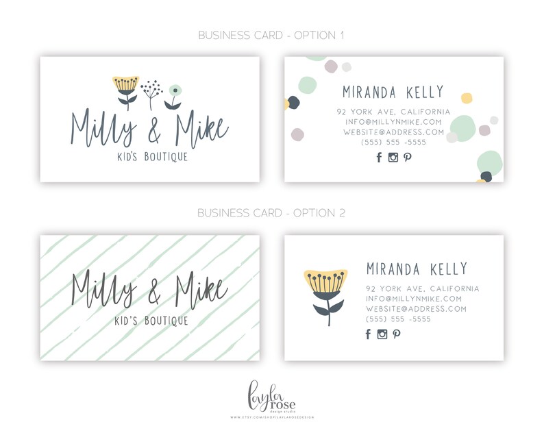 Op de afbeelding: Twee visitekaartjes ontwerpen voor een kinderboetiek genaamd "Milly & Mike". Het eerste ontwerp heeft een eenvoudige bloemenillustratie en het tweede ontwerp heeft een gestreepte achtergrond. Beide ontwerpen bevatten de bedrijfsnaam, contactgegevens en social media-iconen.