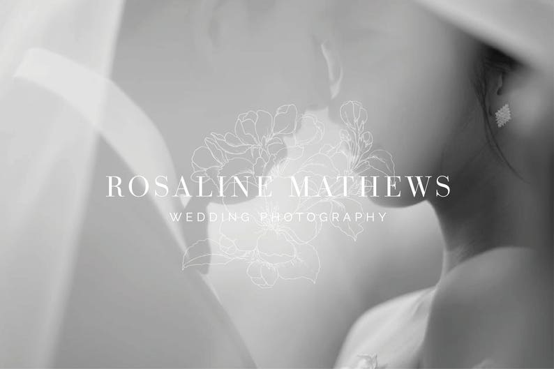 May include: Black and white photo of a couple kissing with a floral design and the text "Rosaline Mathews Wedding Photography" superimposed over the image.
