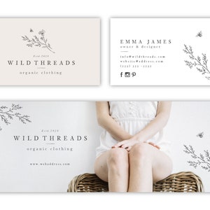 May include: A white business card with black text and a floral design. The text reads "Wild Threads, Est. 2020, Organic Clothing, www.webaddress.com".