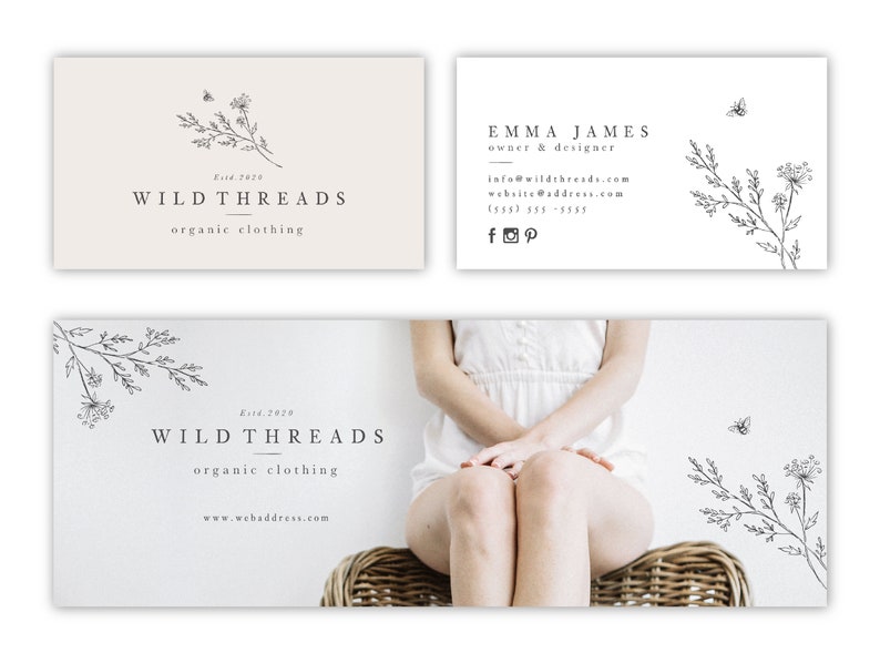 May include: A white business card with black text and a floral design. The text reads "Wild Threads, Est. 2020, Organic Clothing, www.webaddress.com".