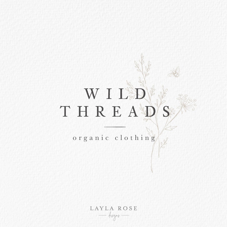 May include: A logo for a clothing company called "WILD THREADS" with the tagline "organic clothing". The logo features a stylized drawing of a wildflower and a bee.