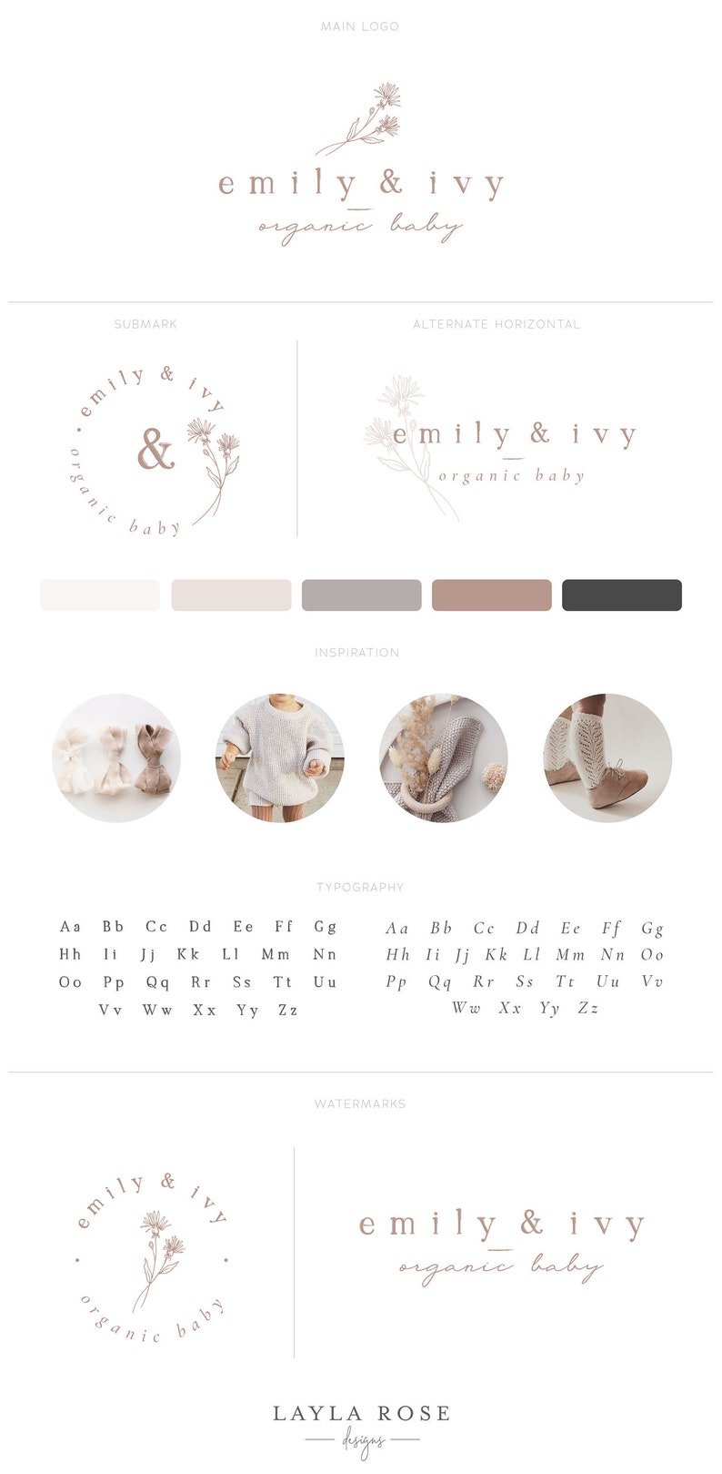 May include: A logo design for a business called "emily & ivy organic baby". The logo features a simple line drawing of two flowers with stems and leaves. The text is in a light brown color and the background is white.