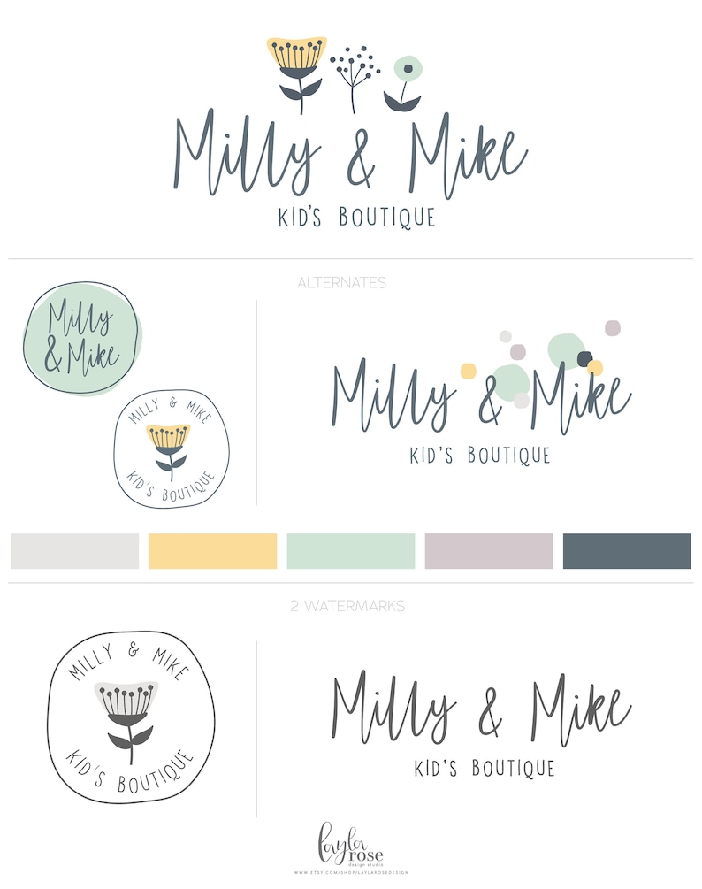 Op de afbeelding: Een logo-ontwerp voor een kinderboetiek genaamd "Milly & Mike". Het logo bevat een gestileerde bloem met gele en groene accenten. De tekst is in een handschrift en zegt "Milly & Mike Kid's Boutique".