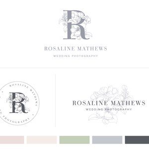 May include: A logo design for a wedding photographer named Rosaline Mathews. The logo features a stylized letter R with floral embellishments. The text "Rosaline Mathews Wedding Photography" is displayed below the logo.