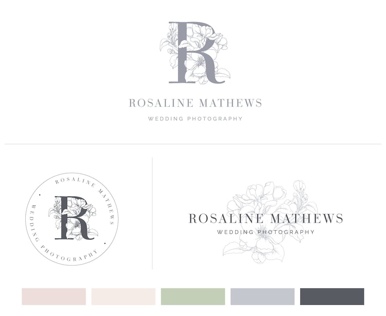 May include: A logo design for a wedding photographer named Rosaline Mathews. The logo features a stylized letter R with floral embellishments. The text "Rosaline Mathews Wedding Photography" is displayed below the logo.