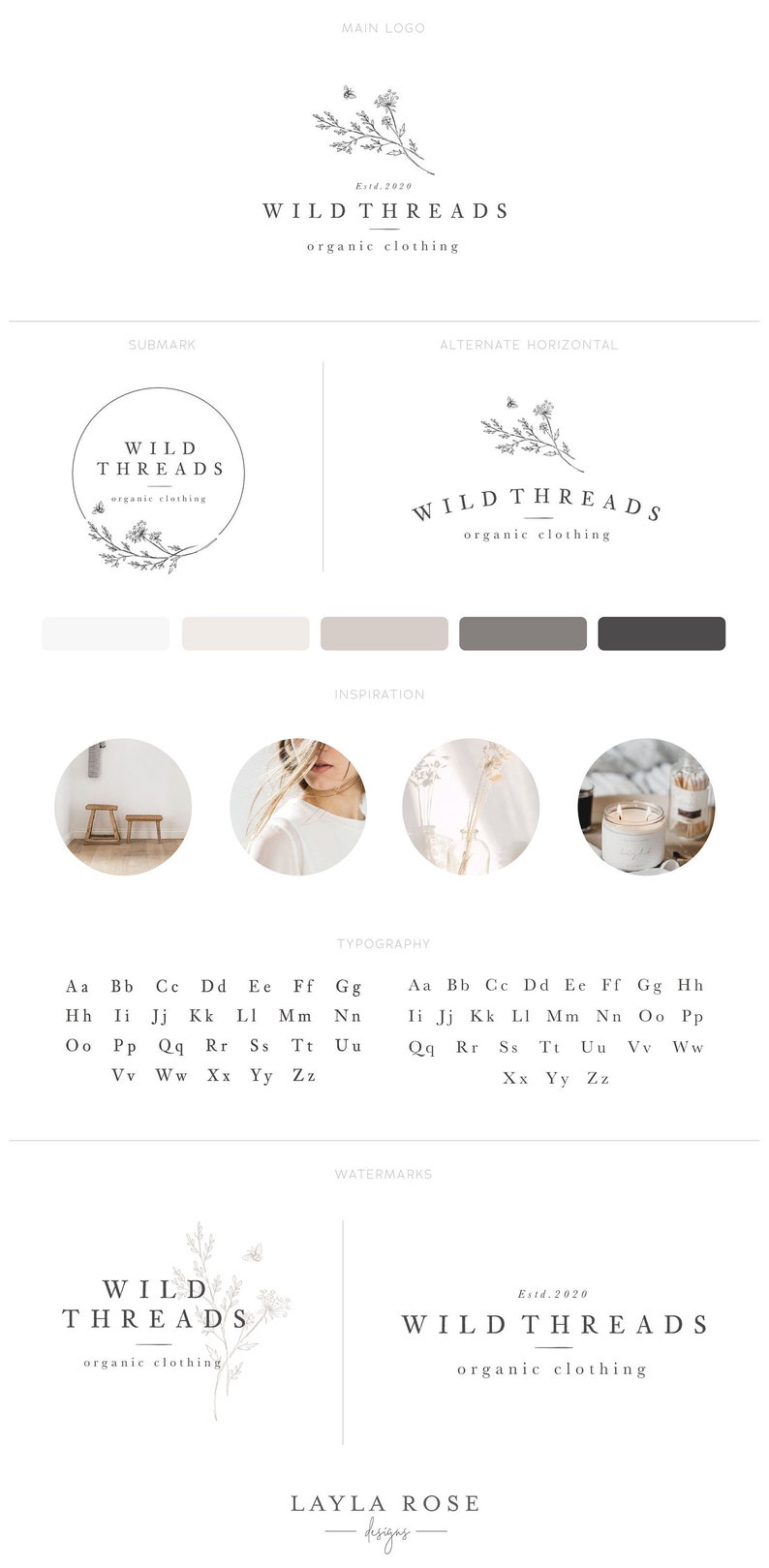 May include: A logo design for a company called Wild Threads, which specializes in organic clothing. The logo features a simple line drawing of a sprig of flowers with bees. The text "Wild Threads" is written in a simple, modern font, with the tagline "organic clothing" underneath. The logo is set against a white background.