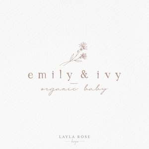 May include: A logo for a business called "emily & ivy organic baby" with a simple line drawing of two flowers and a stem. The text "LAYLA ROSE designs" is also included in the logo.