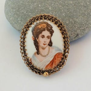 Vintage Painted Cameo Portrait Victorian Limoges Porcelain Brooch