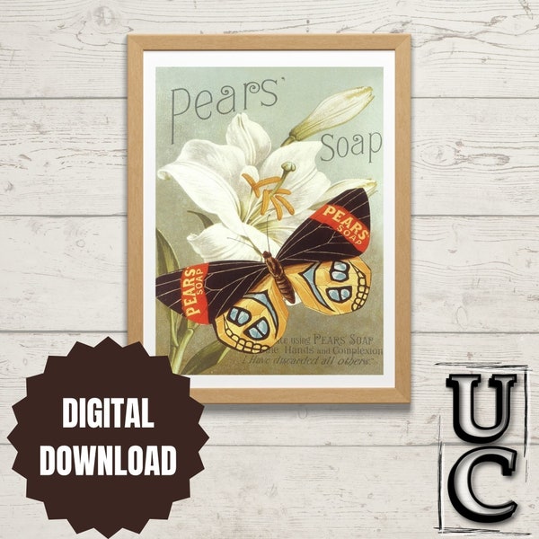 PEARS SOAP BUTTERFLY. Vintage wall art, bathroom decor, printable art, home decor, old time art, office decor, butterfly, retro art