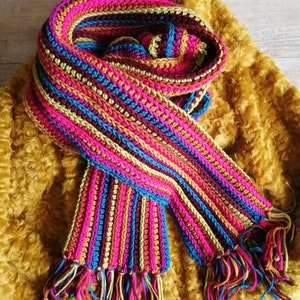 Ribbed scarf, striped multi color scarf, women&#39;s scarf, winter scarf, long warm scarf, handmade, unique, crochet scarf with fringes