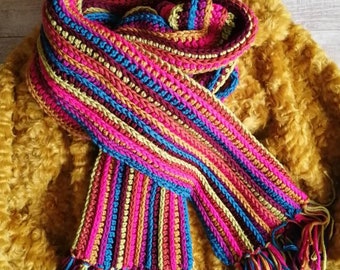 Ribbed scarf, striped multi color scarf, women's scarf, winter scarf, long warm scarf, handmade, unique, crochet scarf with fringes