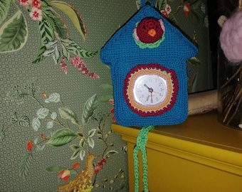 Crochet clock, cuckoo clock, cheerful colorful clock