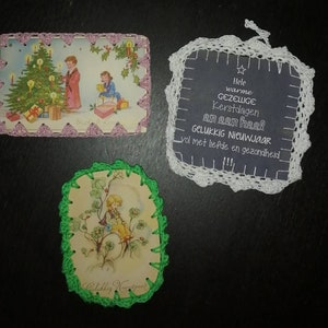 Vintage kerstkaarten met gehaakt randje, kaartje met haak rand, kerstkaarten, vintage ansichtkaart, nostalgisch postkaartjes afbeelding 3