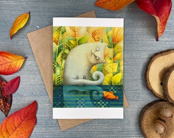 Cute cat Postcard/ Cat lover Friendship collection piece /Blank Art Greeting Card /Playful Illusion, Cat illustration, Kitty, Postcard