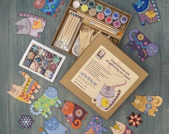 DIY Cute Cat Shape Wood Drawing dotting Kit Cat Ornaments painting kit Kids Crafts Art activity box all ages
