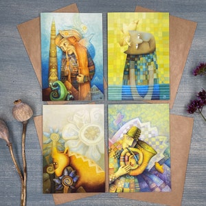 Ensemble de cartes d'art mignonnes amitié animal ange chat girafe Mix and Mach / lot de quatre cartes de voeux beaux-arts / toutes les occasions vierges à l'intérieur