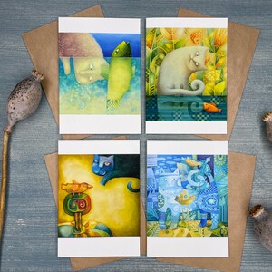 Ensemble de cartes de voeux pour amoureux des chats, reproduction d'une peinture originale, quatre cartes postales différentes, une carte avec des chats et un oiseau, pour toutes les occasions