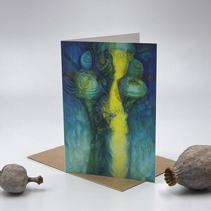 Vibrations en silence - copie originale de la peinture, cartes postales d'art, carte pliée bleue, carte postale de voeux pour toutes les occasions avec enveloppe, mystique