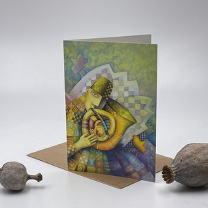 Sonidos coloridos, tarjeta de felicitación para músicos, sousafón, trompa de bronce, tarjeta de regalo para amantes de la música, tarjeta de felicitación artística en blanco, tarjetas impresas con arte