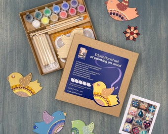 DIY Birds decoration Hobby Wood art painting dotting kit kids all age set of five shapes and coloring tools creative family gift