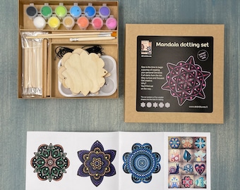 DIY Wood Mandala Art painting kit dotting set of five shapes and coloring tools creative family gift box