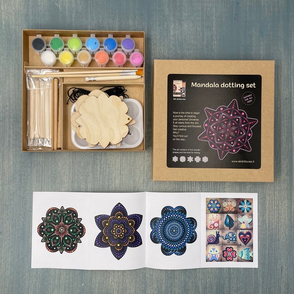 Kit de peinture d'art mandala en bois bricolage, lot de cinq formes et outils de coloration, coffret cadeau familial créatif