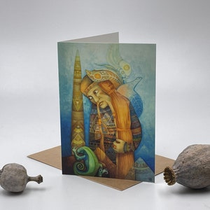 Tussen hemel en aarde, blanco wenskaart, ansichtkaart met envelop, beeldende kunst, kunstreproductie, kopie kunstenaar schilderij, blauwe en bruine kaart