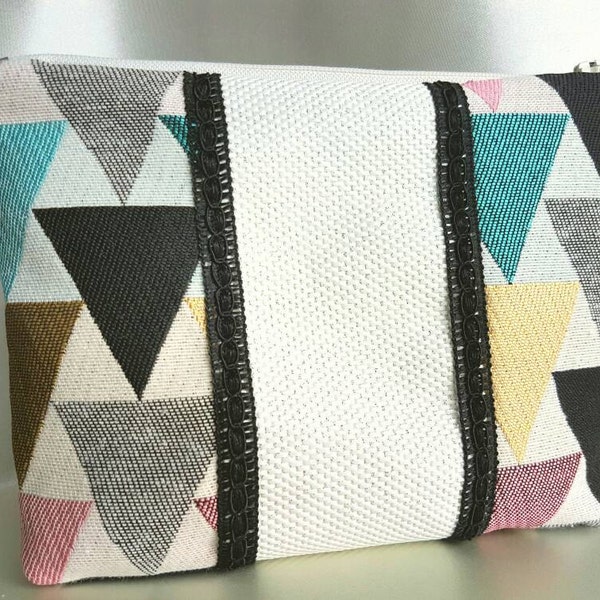 Door Kit currency LENA, graphic trends jacquard fabric, faux White Leather shiny effect, travel kits, Pompom, handbag