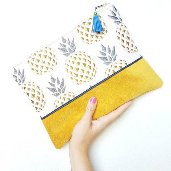 Large Hand Made clutch, patterns graphic pineapple fabric, silver zip, blue tassel