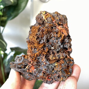 Könnte beinhalten: Ein rauer, dunkelgrauer Stein mit eingebetteten orangefarbenen und gelben Kristallen. Der Stein hat eine strukturierte Oberfläche und ist etwa so groß wie eine Hand.