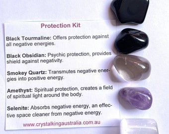 May include: Protection kit with six crystals: black tourmaline, black obsidian, smokey quartz, amethyst, selenite, and clear selenite. The crystals are arranged in a row on a white background. The text on the card reads: "Protection Kit" and includes descriptions of each crystal's properties. The website address is www.crystalkingaustralia.com.au.