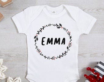 Christmas Wreath Bodysuit - POM Clothing Personalised Christmas Onesie, Personalised Baby Babygrow, Festive