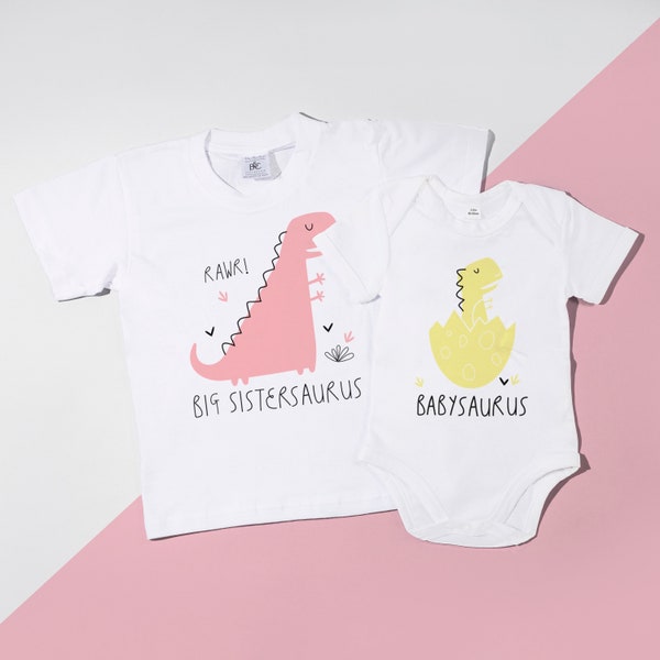 Big Sistersaurus & Babysaurus Set, Big Sister Little Sister Outfits, Big Sister Tshirt, Matching Sisters  - POM CLOTHING