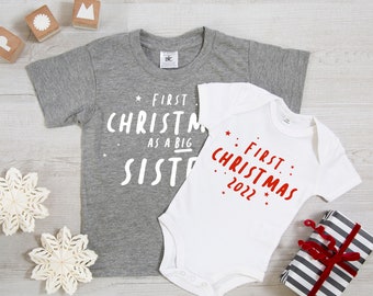 Big Sister T-shirt & Little Sibling 1st Christmas Bodysuit, Cute Matching Set, First Christmas, Christmas Outift - POM CLOTHING