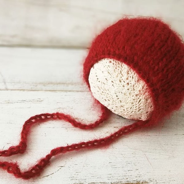 Christmas newborn red hat, red bonnet, knitted newborn mohair hat, baby girl hat, baby boy hat, new born photo prop, photography