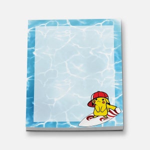 May include: A blue and white notepad with a cartoon image of Pikachu wearing a red baseball cap and riding a surfboard. The background is a blue and white water pattern.
