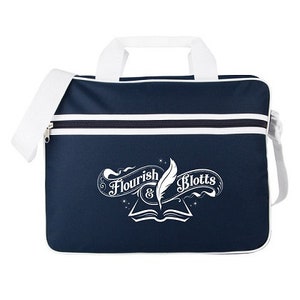 May include: A navy blue canvas messenger bag with a white zipper and a white logo that says "Flourish & Blotts" with a quill pen and an open book.