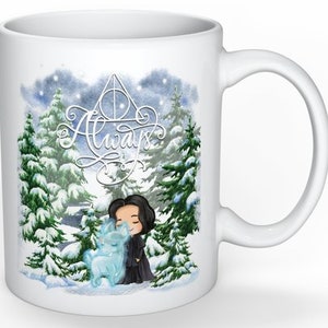 May include: White ceramic mug with a winter scene featuring a cartoon character with a dark haired person and a white creature. The text "Always" is written in a decorative font.