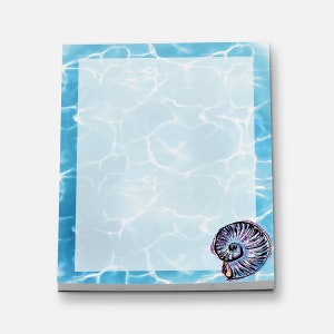 May include: Blue notepad with a white border and a blue and white water pattern. A purple and brown seashell is in the bottom right corner.