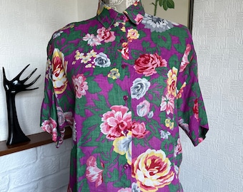Vintage Rose Print Linen Blend Shirt - 80s St Michael Made in England
