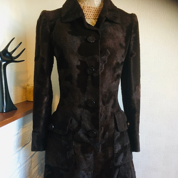 Vintage Hardy Amies Boutique dress/60’s coat dress/Dark brown fake fur dress/Winter dress coat/Made in England/collectible couture dress